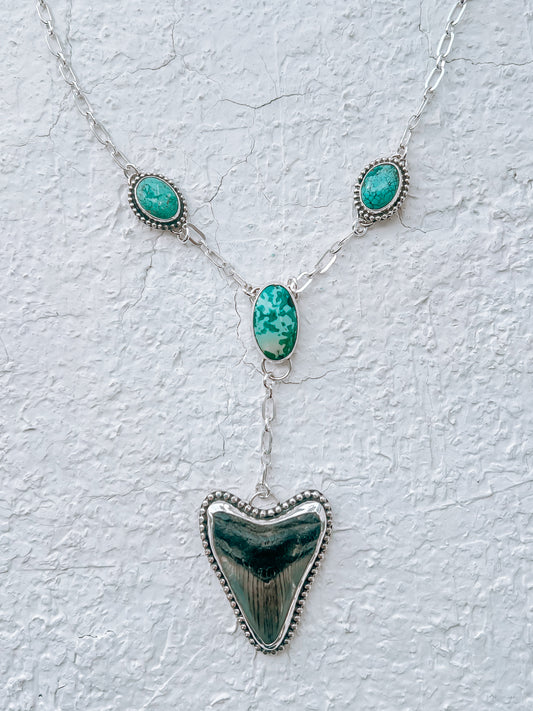 Megalodon Tooth & Turquoise Lariat Necklace