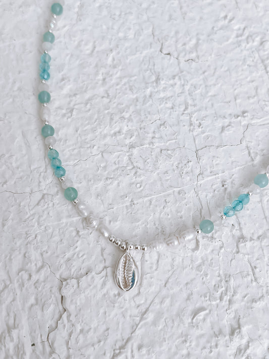 Aquamarine Cowrie Necklace (with Pearls and Moonstone)