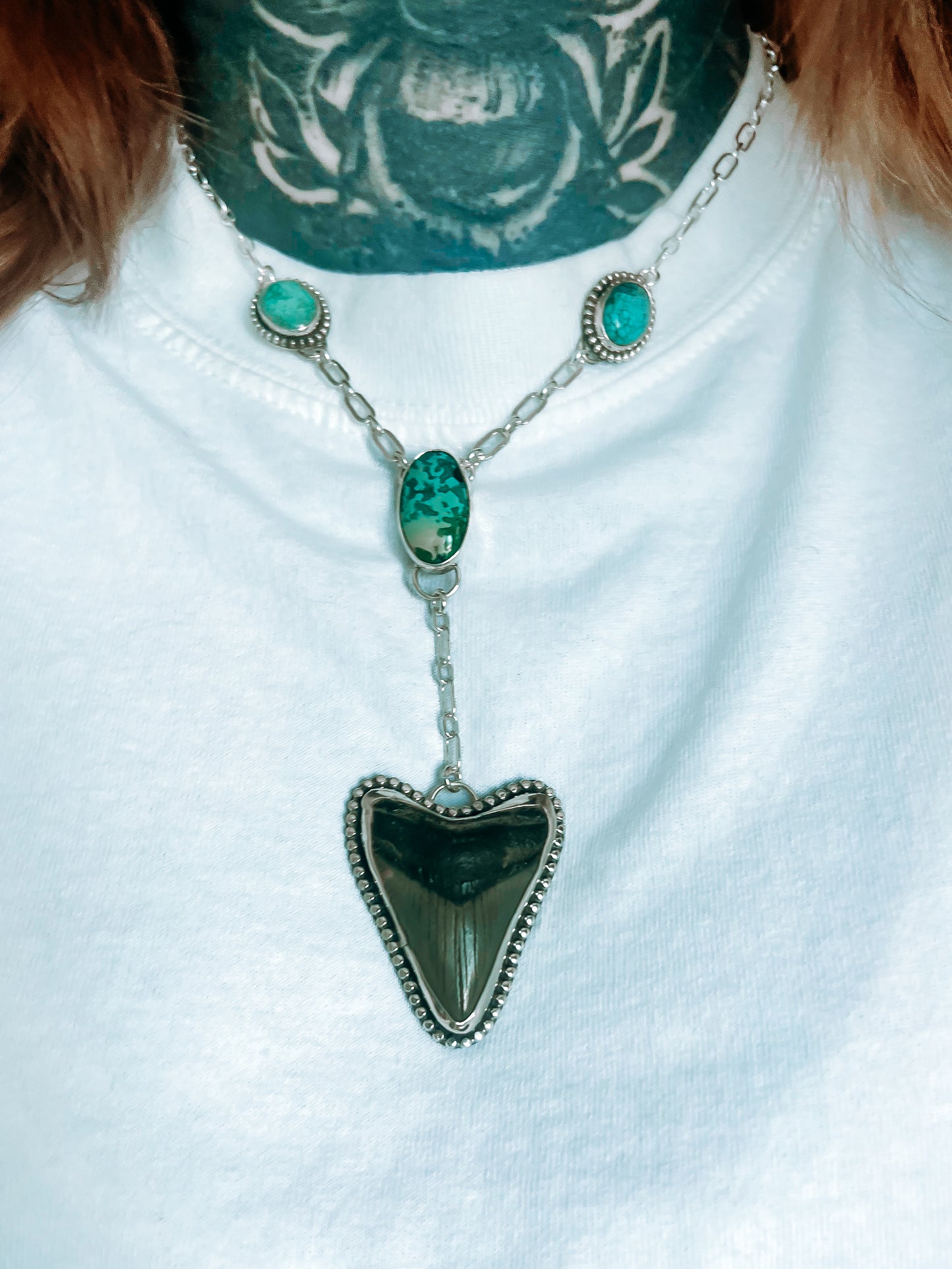 Megalodon Tooth & Turquoise Lariat Necklace