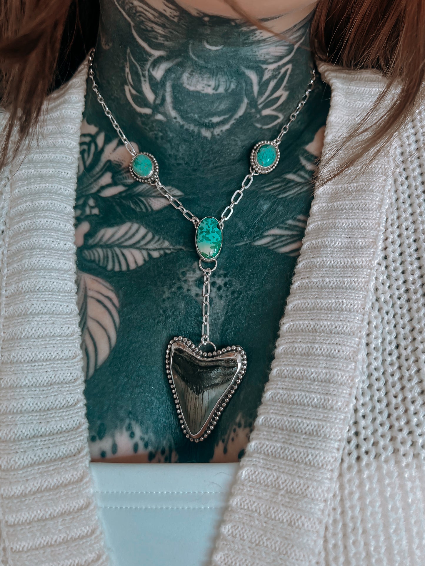 Megalodon Tooth & Turquoise Lariat Necklace